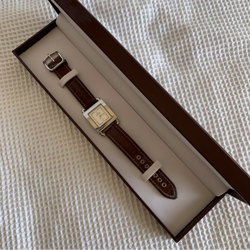 Coach Stainless Steel Rectangular Watch with Genuine Leather Band